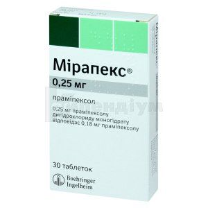 Мірапекс® таблетки, 0,25 мг, блістер, № 30; Берінгер Інгельхайм