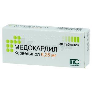 Медокардил таблетки, 6,25 мг, блістер, у картонній коробці, у карт. коробці, № 30; Medochemie Ltd., Cyprus, Europe