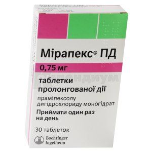 Мирапекс® ПД таблетки пролонгированного действия, 0,75 мг, блистер, № 30; Boehringer Ingelheim 