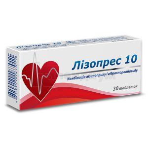 Лизопрес 10 таблетки, 10 мг + 12,5 мг, блистер, № 30; Киевский витаминный завод