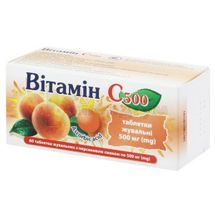 Вітамін C 500 таблетки жувальні, 0,5 г, блістер, з персиковим смаком, з персиковим смаком, № 60; Київський вітамінний завод