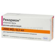 Рекормон® раствор для инъекций, 2000 ме, шприц, 0.3 мл, с иглами 27 g1/2, с иглами 27 g1/2, № 6; Рош Украина